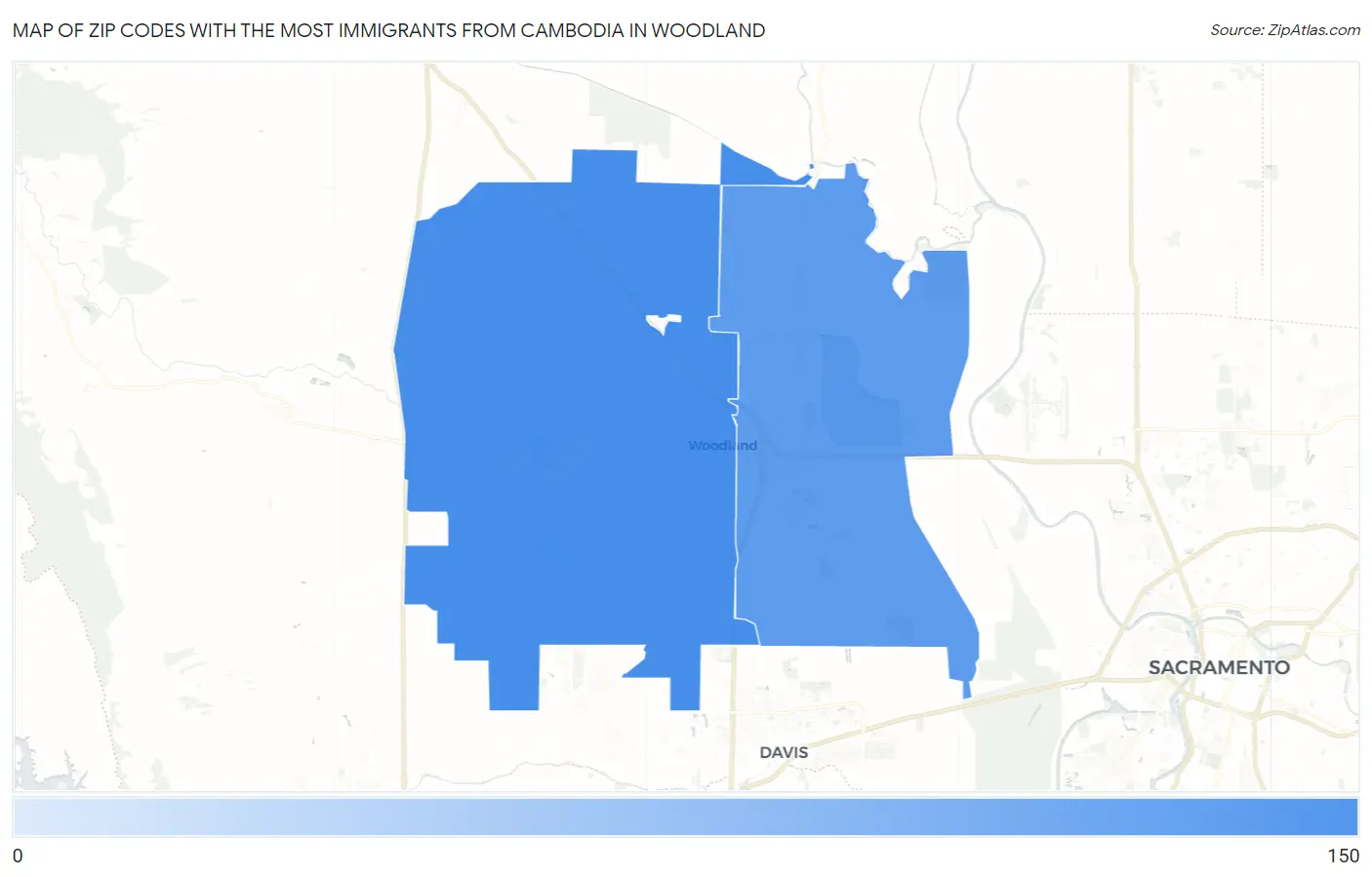 Zip Codes with the Most Immigrants from Cambodia in Woodland Map