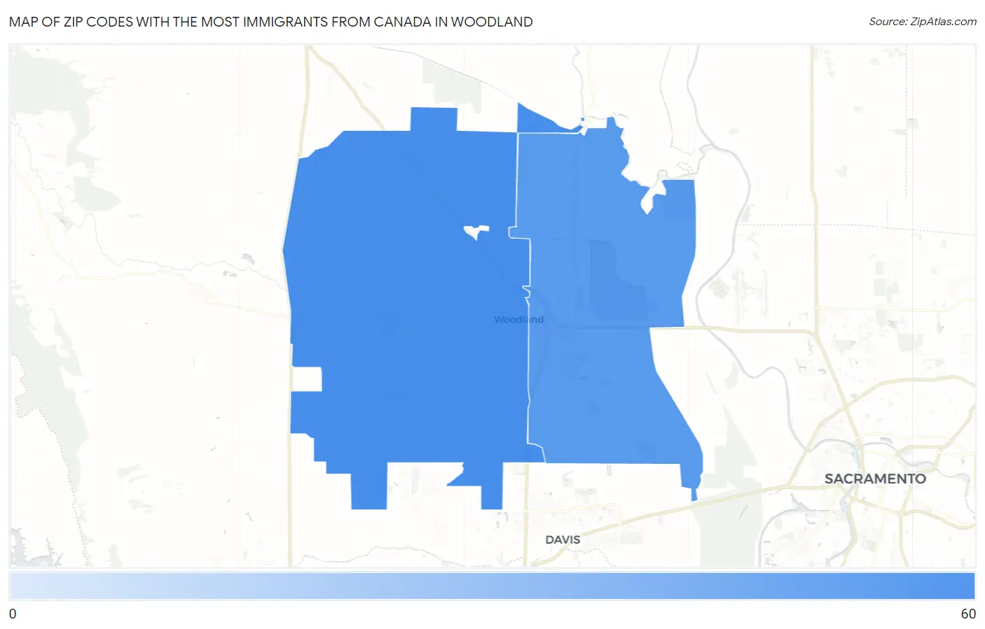 Zip Codes with the Most Immigrants from Canada in Woodland Map