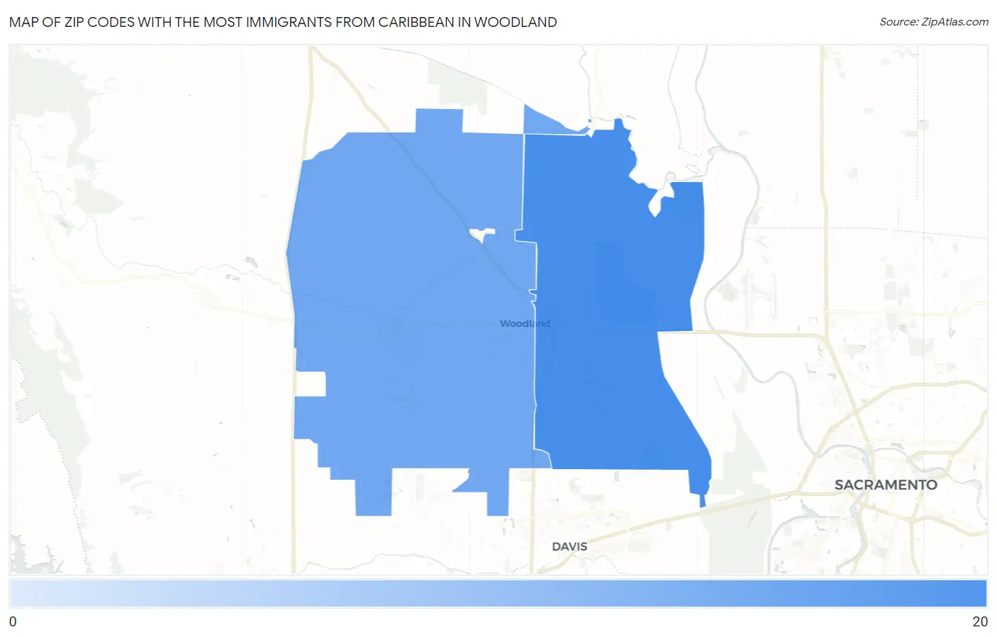 Zip Codes with the Most Immigrants from Caribbean in Woodland Map