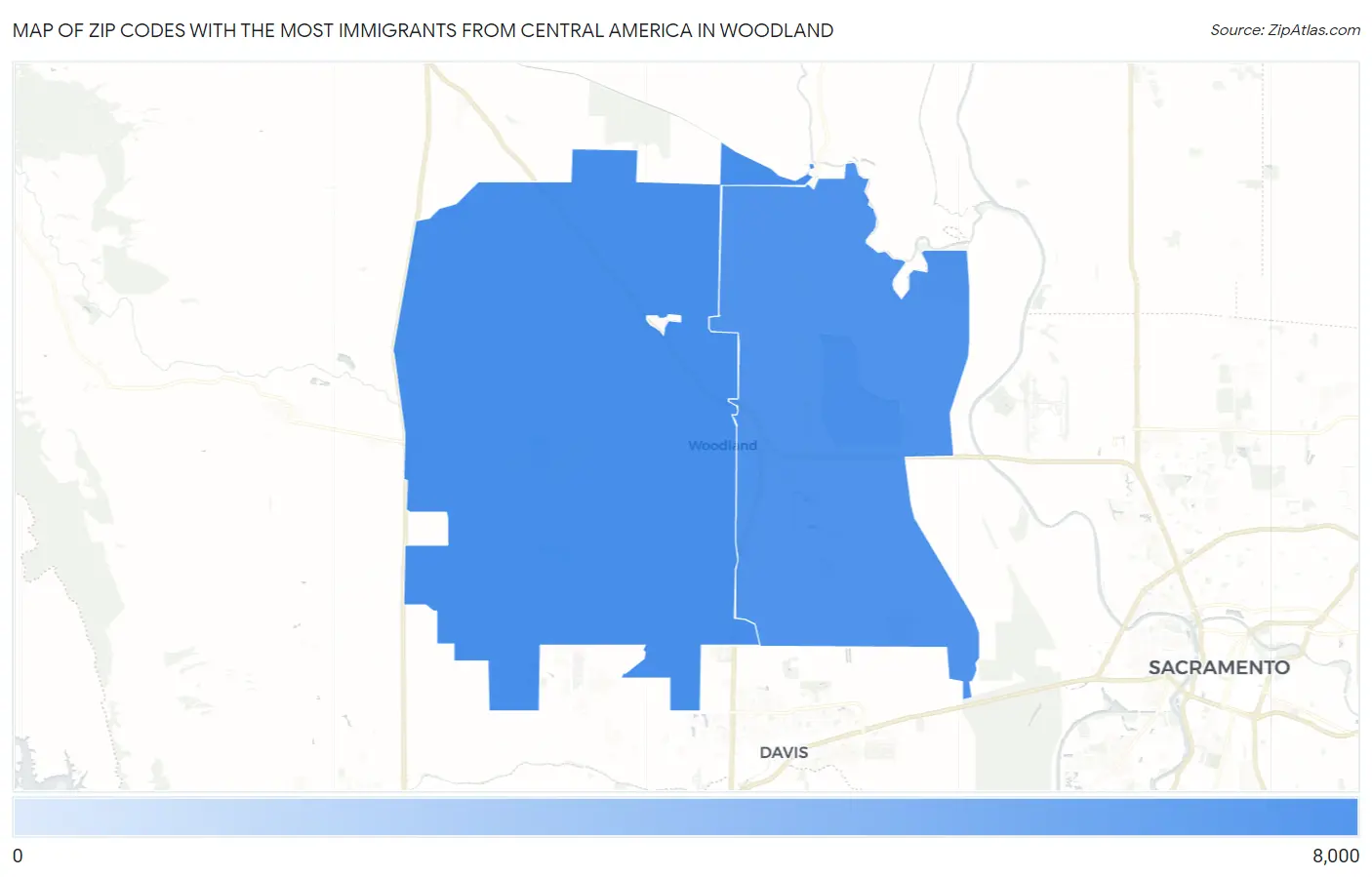 Zip Codes with the Most Immigrants from Central America in Woodland Map