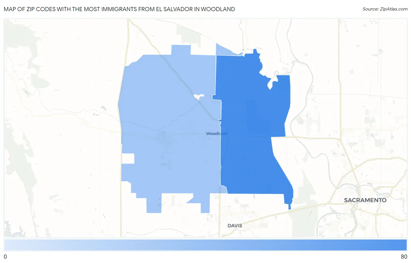 Zip Codes with the Most Immigrants from El Salvador in Woodland Map
