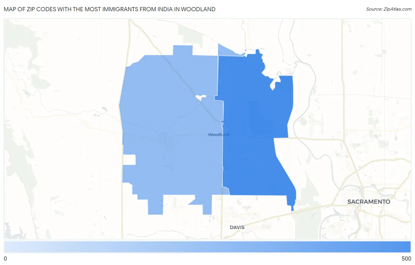 Zip Codes with the Most Immigrants from India in Woodland Map