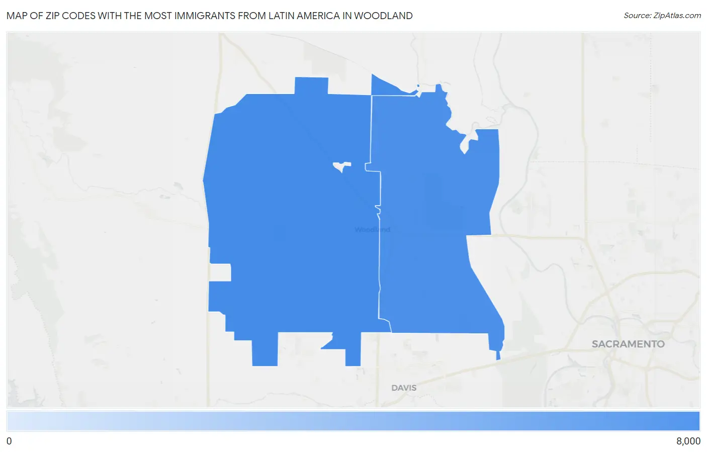 Zip Codes with the Most Immigrants from Latin America in Woodland Map
