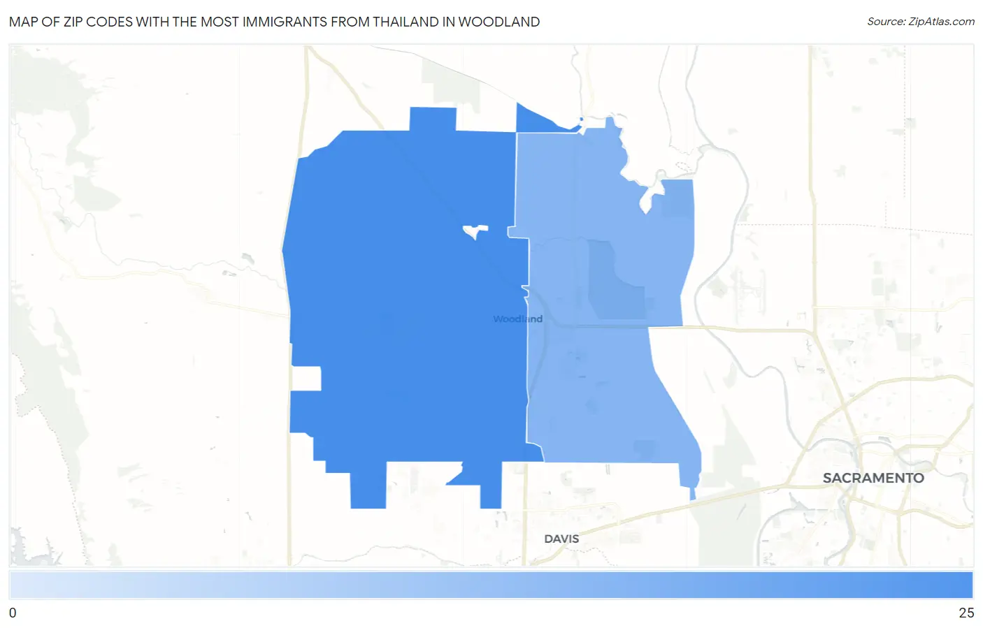 Zip Codes with the Most Immigrants from Thailand in Woodland Map