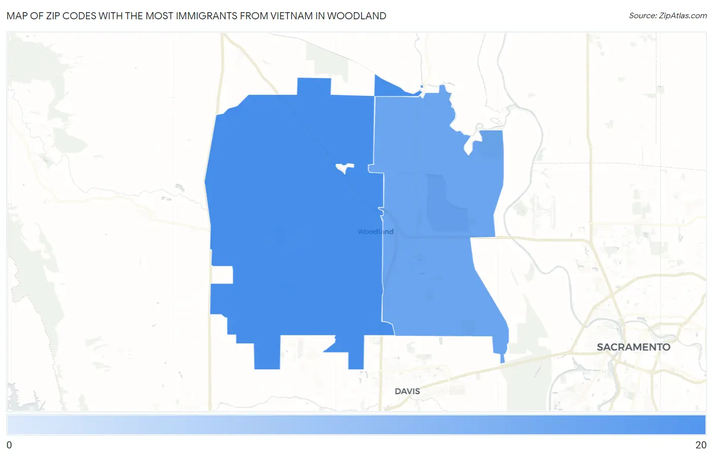 Zip Codes with the Most Immigrants from Vietnam in Woodland Map