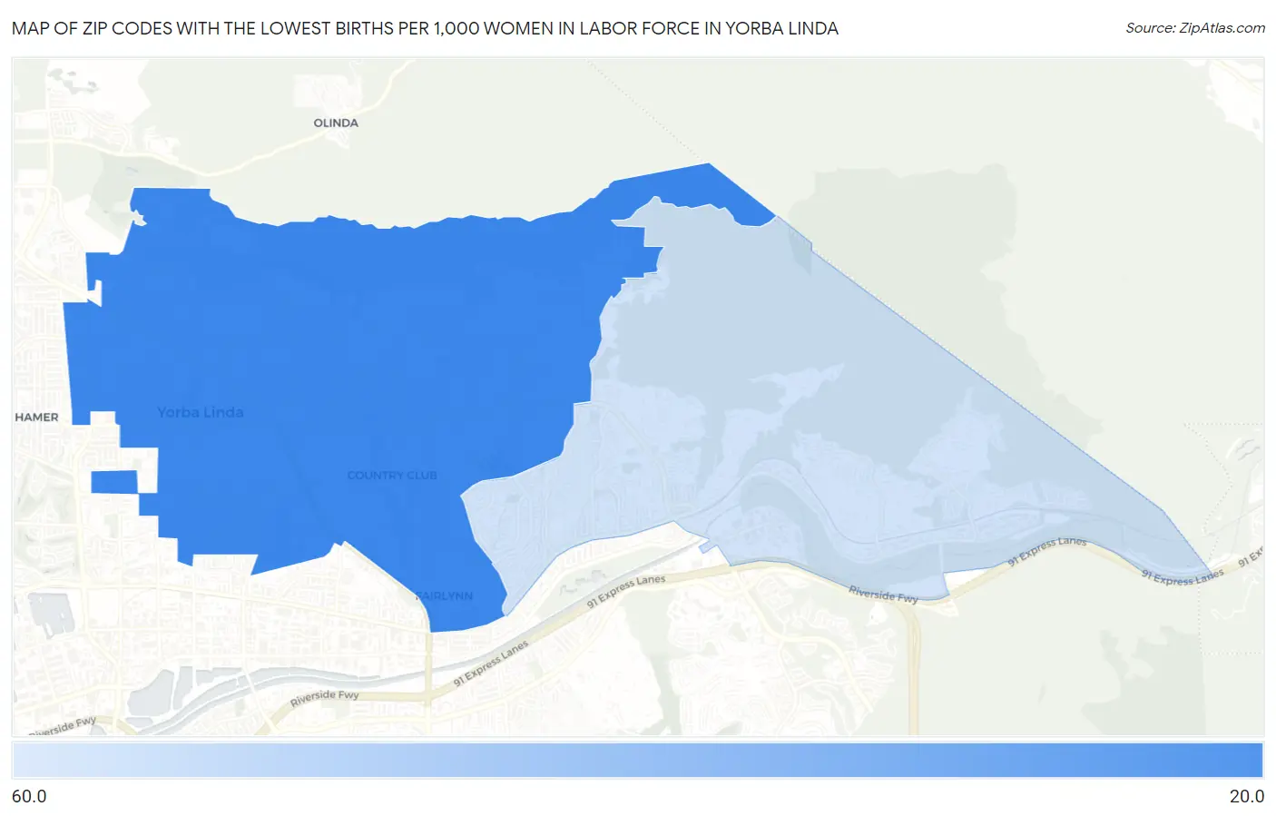 Zip Codes with the Lowest Births per 1,000 Women in Labor Force in Yorba Linda Map