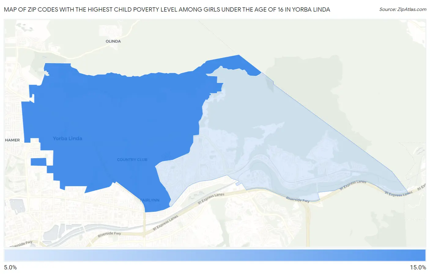 Zip Codes with the Highest Child Poverty Level Among Girls Under the Age of 16 in Yorba Linda Map