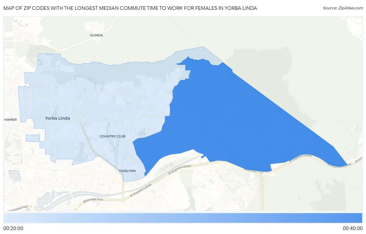 Zip Codes with the Longest Median Commute Time to Work for Females in Yorba Linda Map