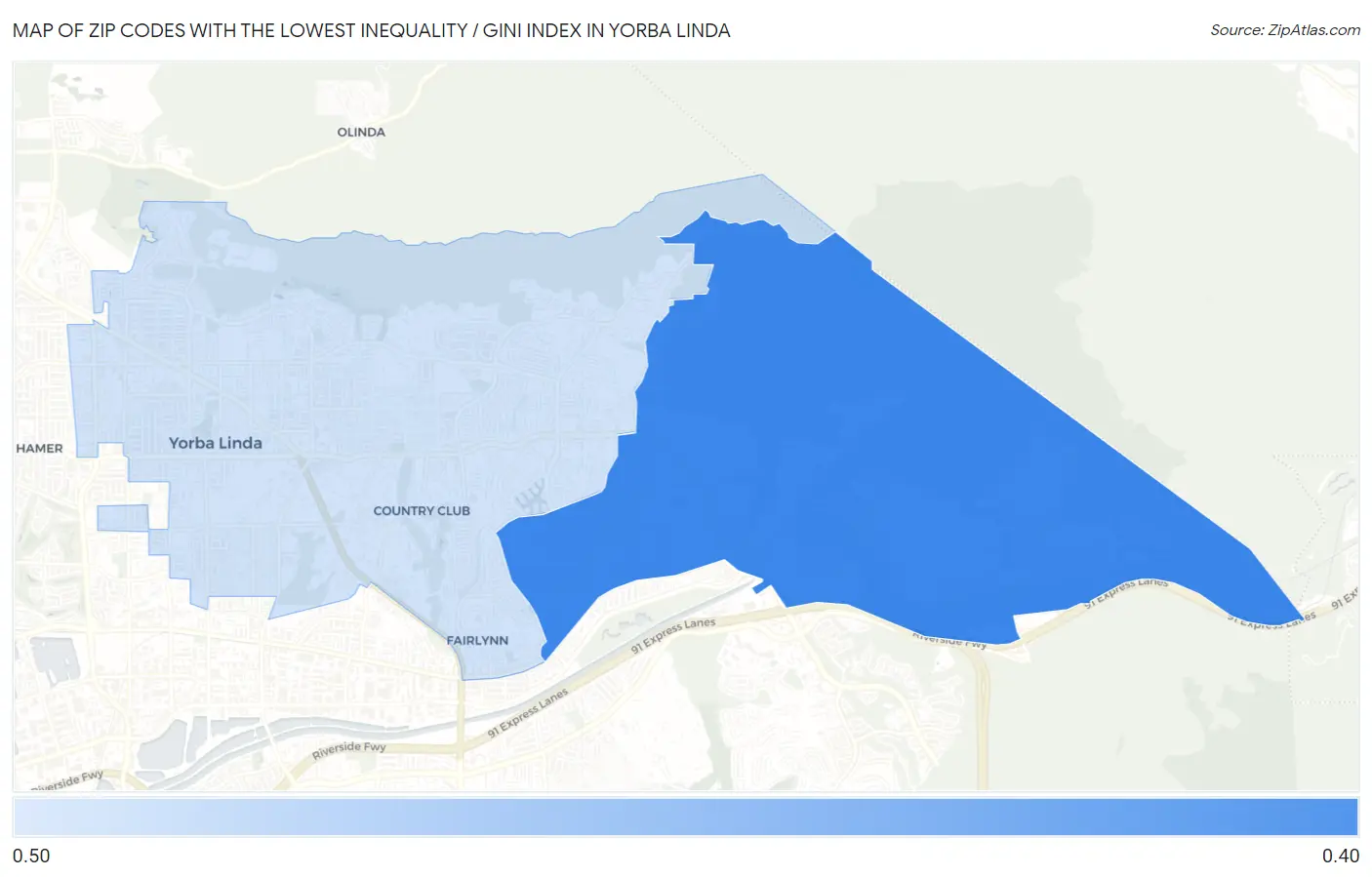 Zip Codes with the Lowest Inequality / Gini Index in Yorba Linda Map