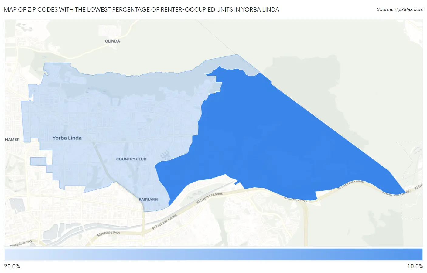 Zip Codes with the Lowest Percentage of Renter-Occupied Units in Yorba Linda Map