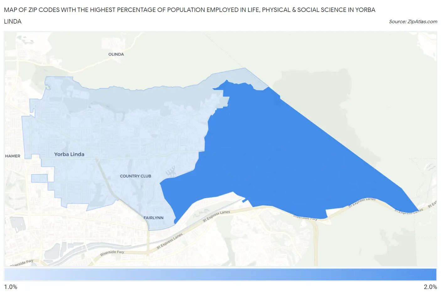Zip Codes with the Highest Percentage of Population Employed in Life, Physical & Social Science in Yorba Linda Map