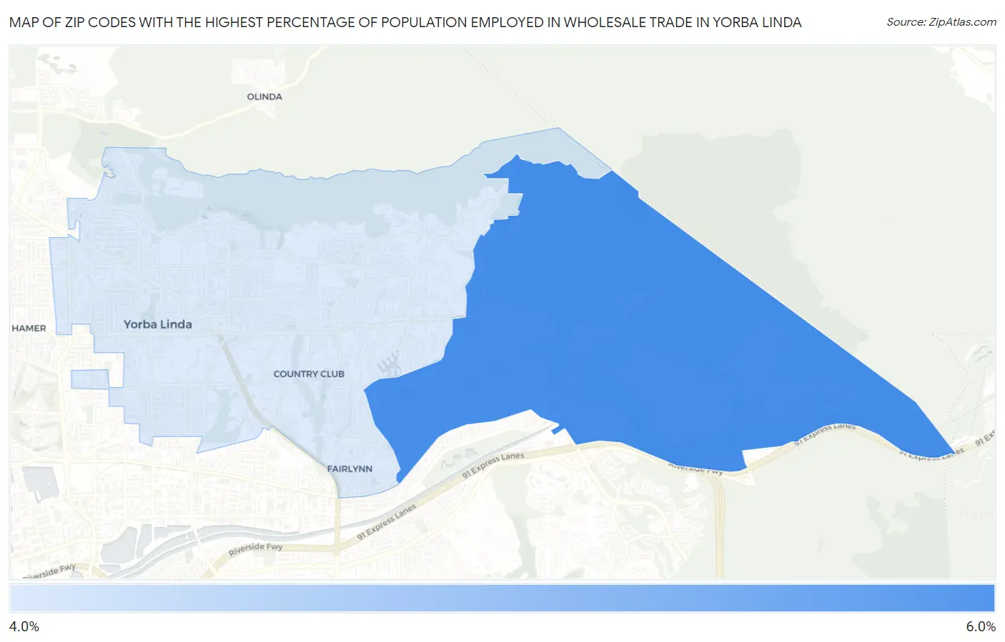 Zip Codes with the Highest Percentage of Population Employed in Wholesale Trade in Yorba Linda Map