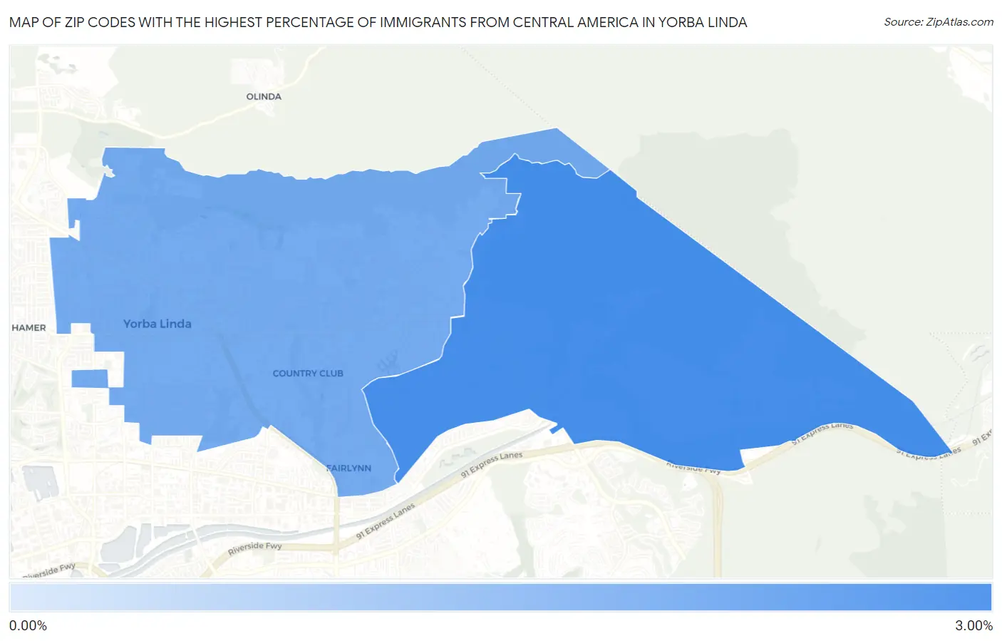 Zip Codes with the Highest Percentage of Immigrants from Central America in Yorba Linda Map