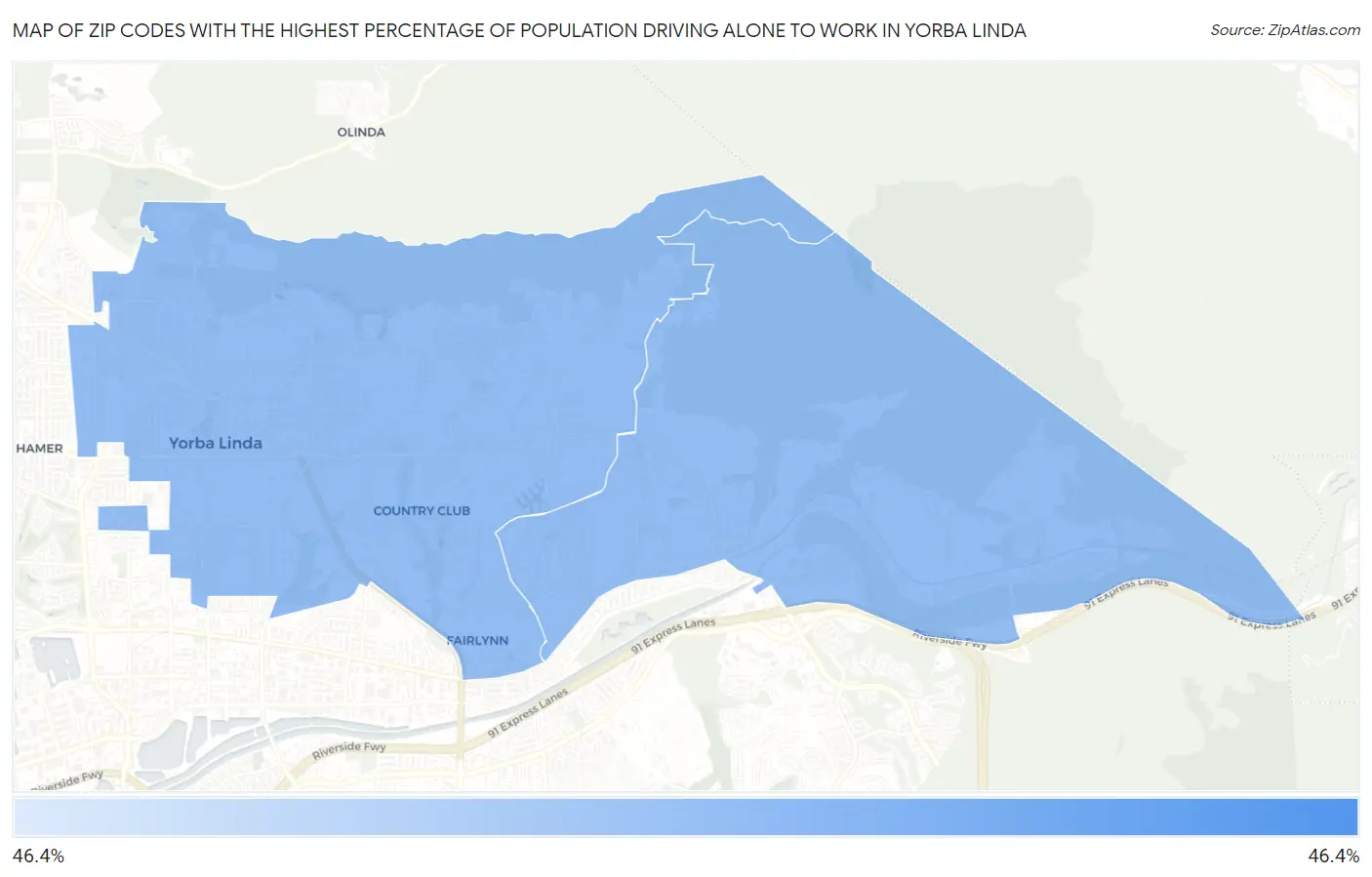 Zip Codes with the Highest Percentage of Population Driving Alone to Work in Yorba Linda Map