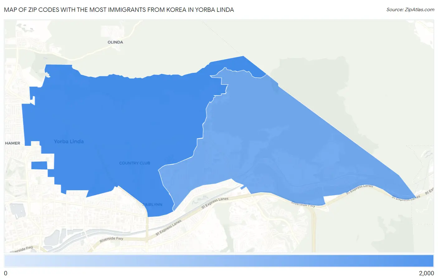 Zip Codes with the Most Immigrants from Korea in Yorba Linda Map