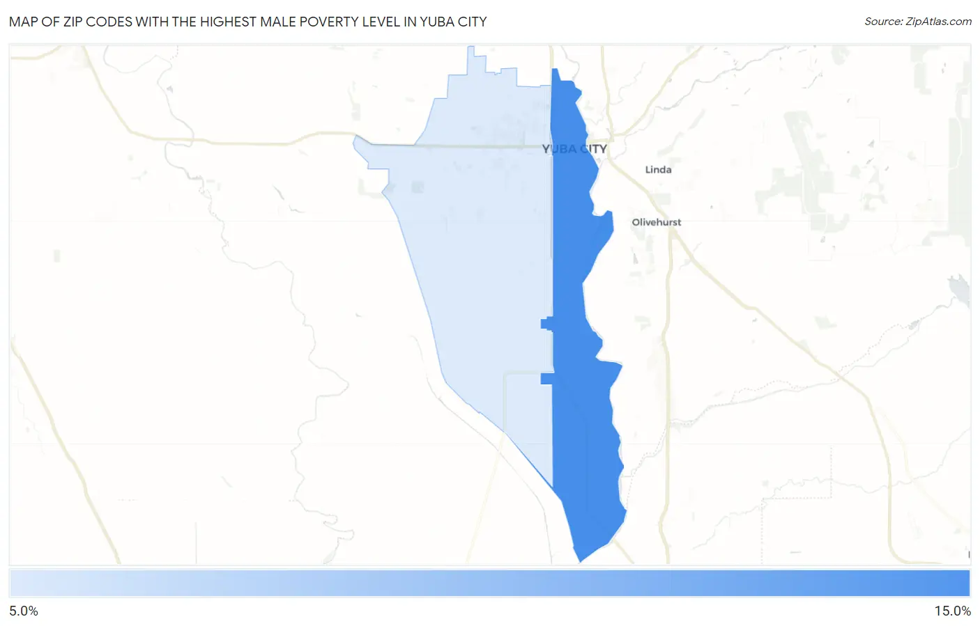 Zip Codes with the Highest Male Poverty Level in Yuba City Map
