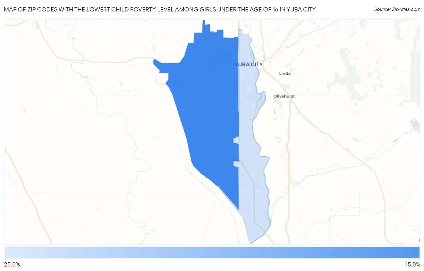 Zip Codes with the Lowest Child Poverty Level Among Girls Under the Age of 16 in Yuba City Map