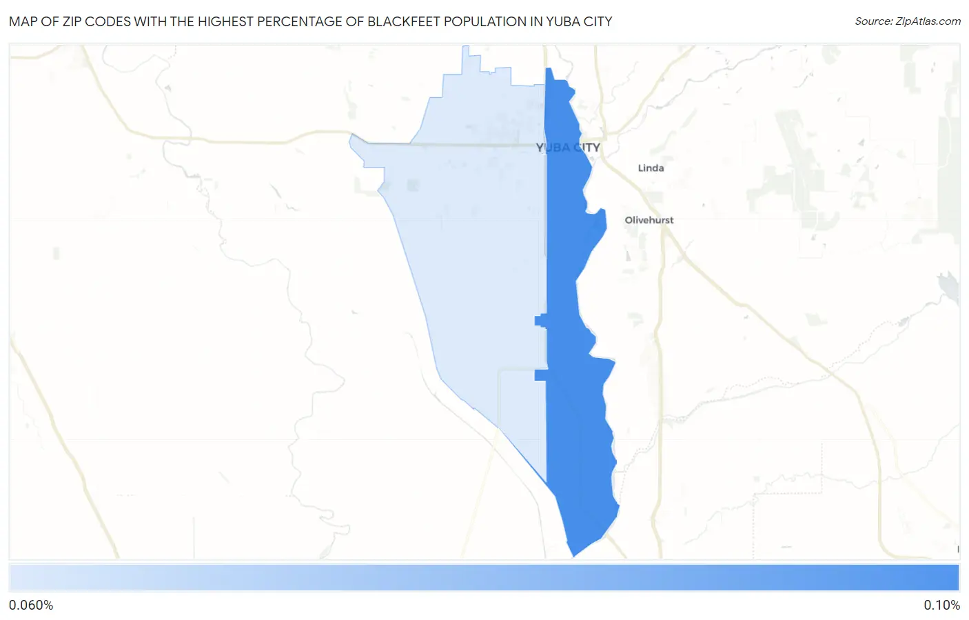 Zip Codes with the Highest Percentage of Blackfeet Population in Yuba City Map