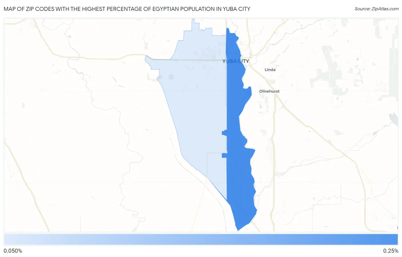 Zip Codes with the Highest Percentage of Egyptian Population in Yuba City Map