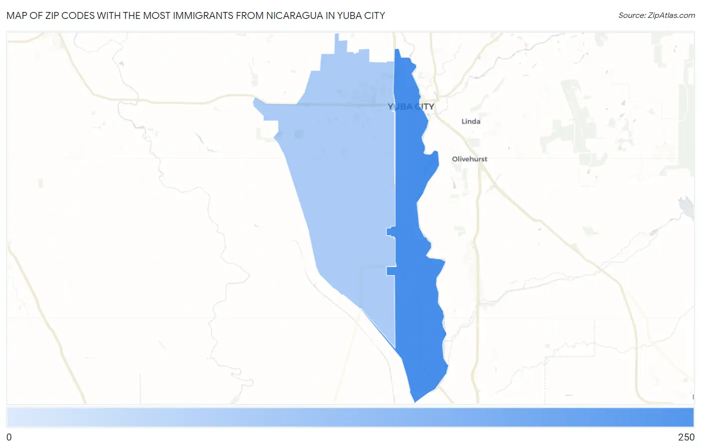 Zip Codes with the Most Immigrants from Nicaragua in Yuba City Map