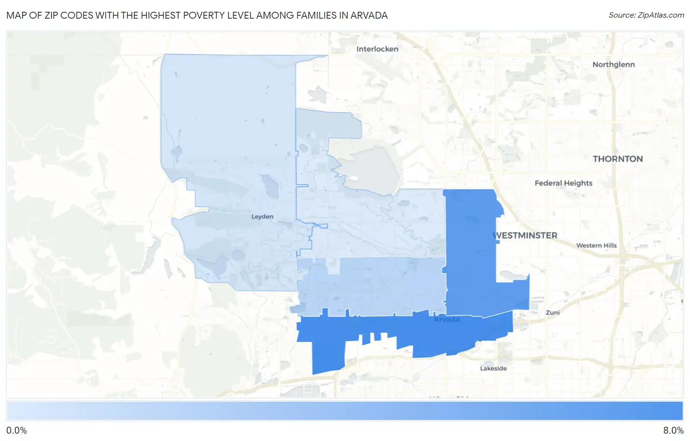 Zip Codes with the Highest Poverty Level Among Families in Arvada Map