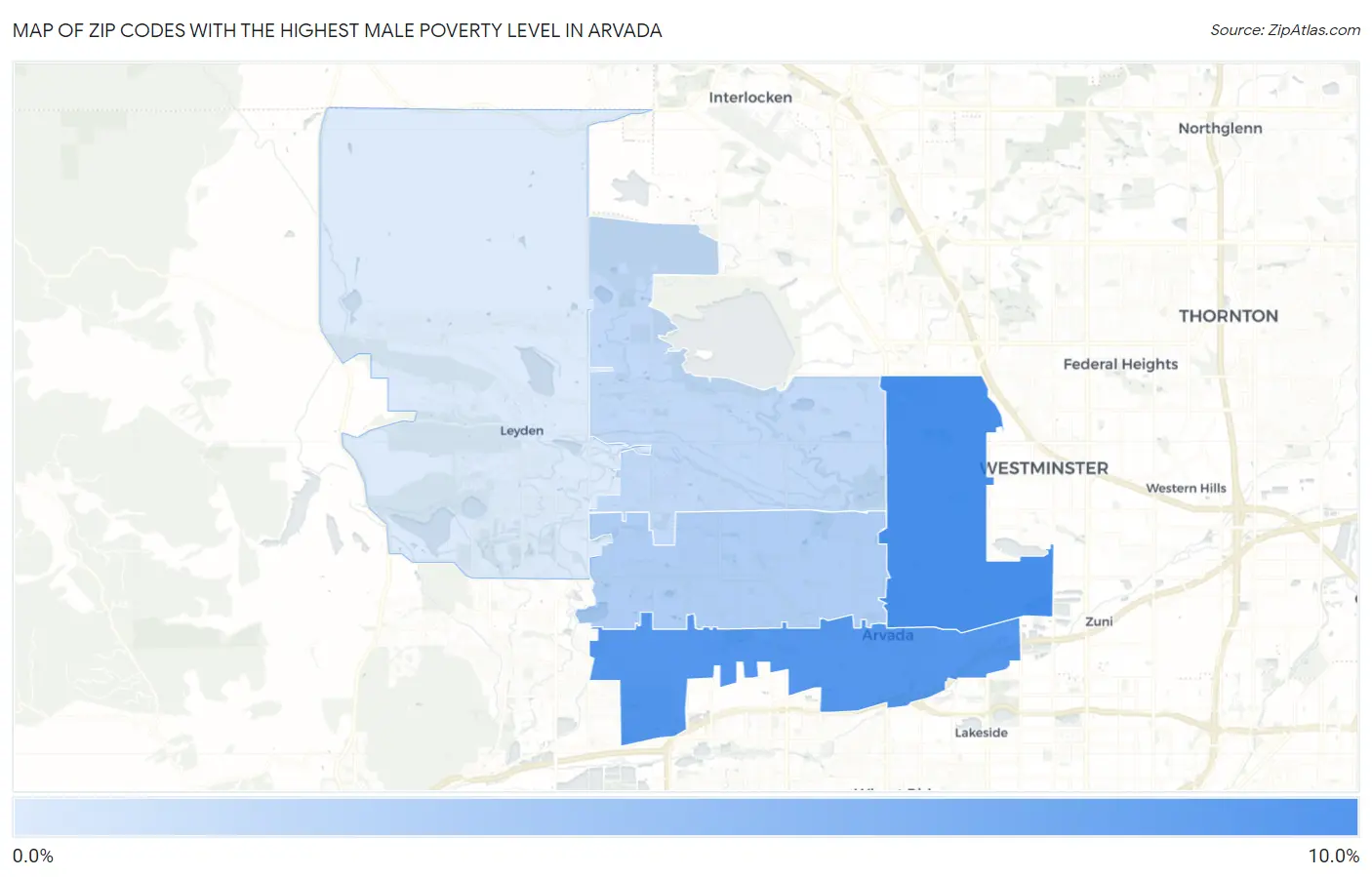 Zip Codes with the Highest Male Poverty Level in Arvada Map