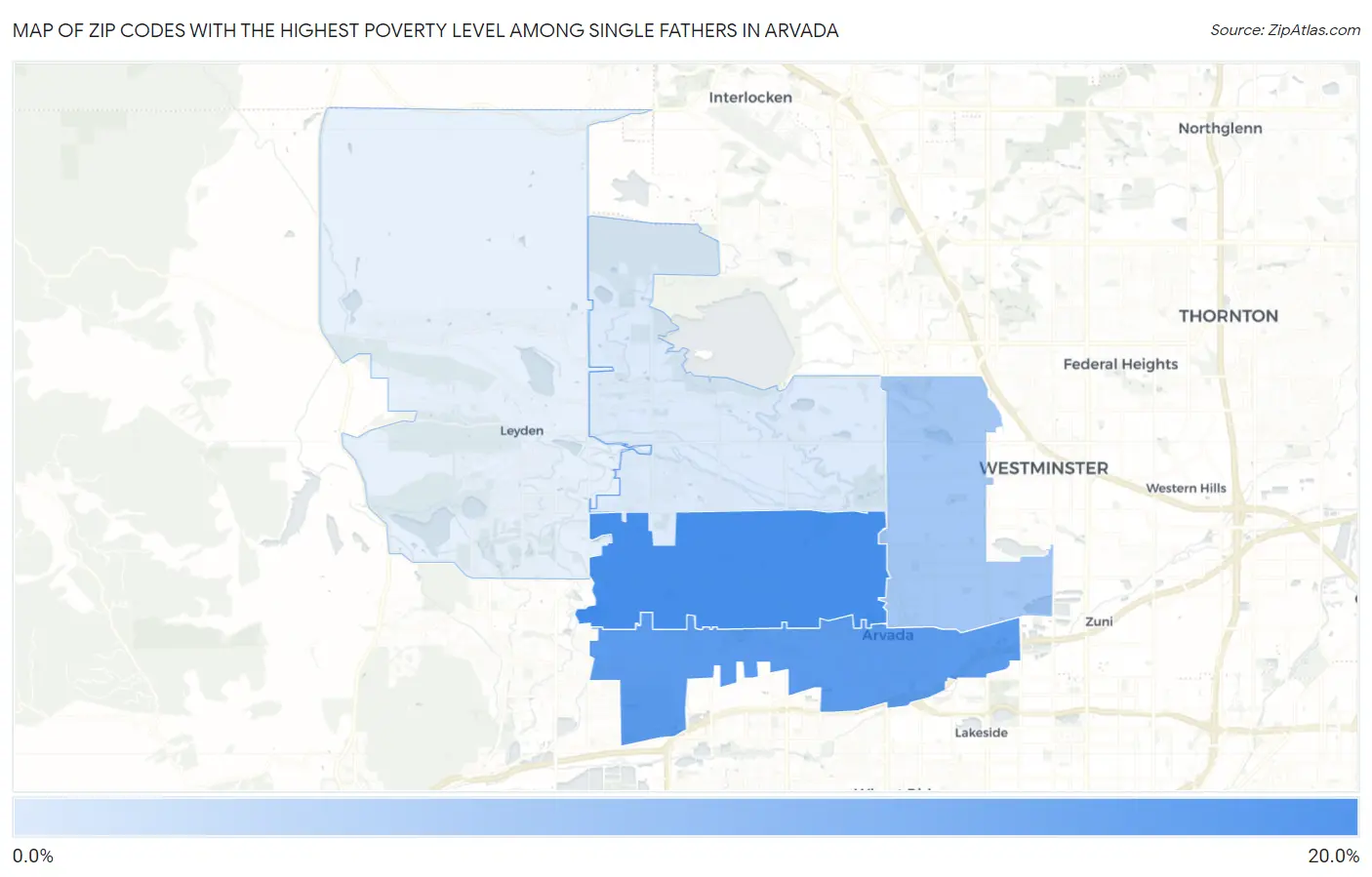 Zip Codes with the Highest Poverty Level Among Single Fathers in Arvada Map