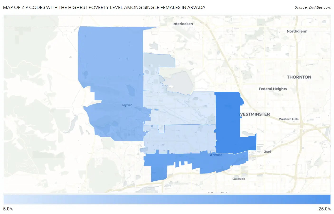 Zip Codes with the Highest Poverty Level Among Single Females in Arvada Map