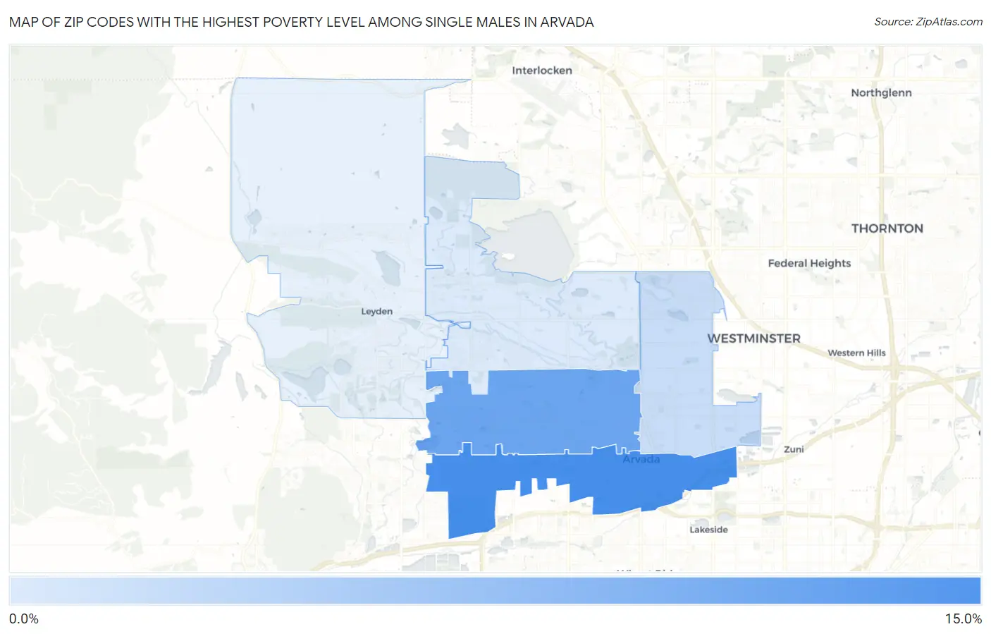 Zip Codes with the Highest Poverty Level Among Single Males in Arvada Map