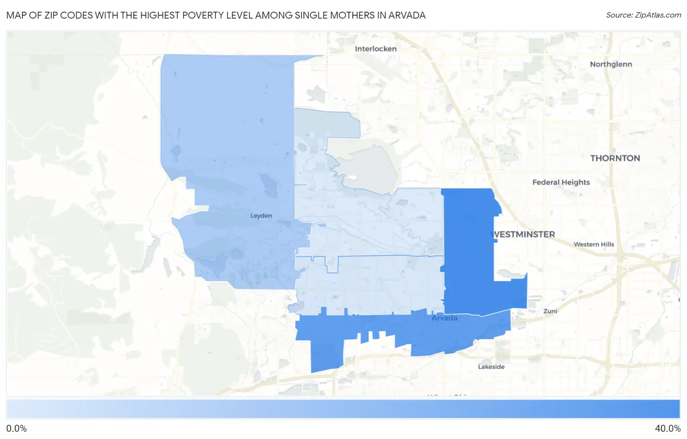 Zip Codes with the Highest Poverty Level Among Single Mothers in Arvada Map