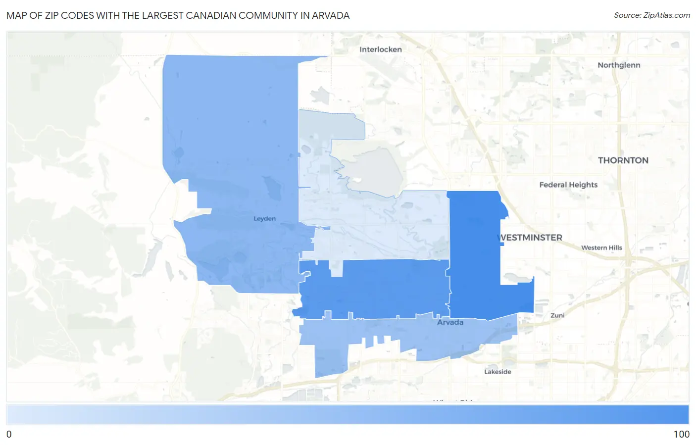 Zip Codes with the Largest Canadian Community in Arvada Map