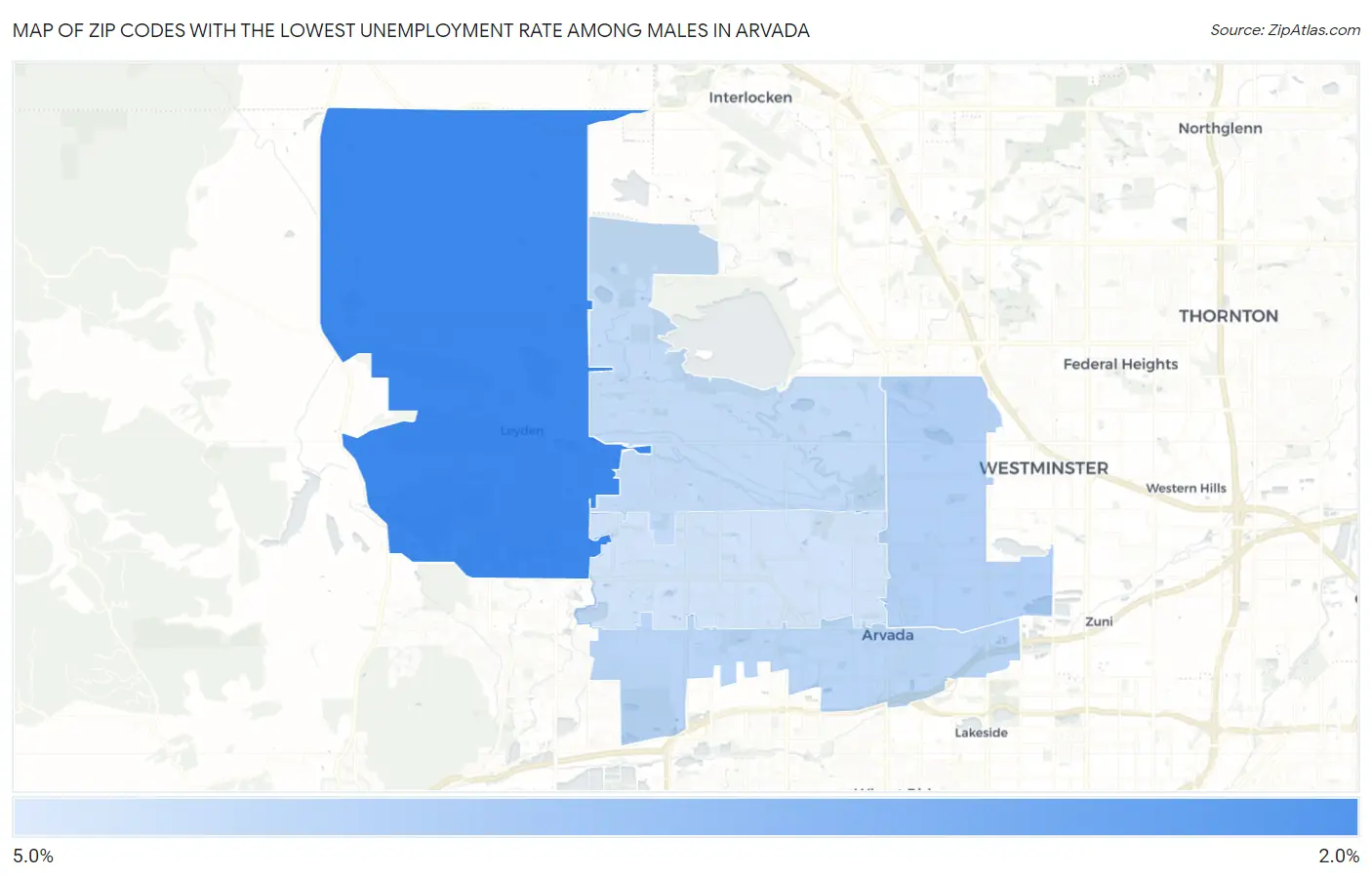 Zip Codes with the Lowest Unemployment Rate Among Males in Arvada Map