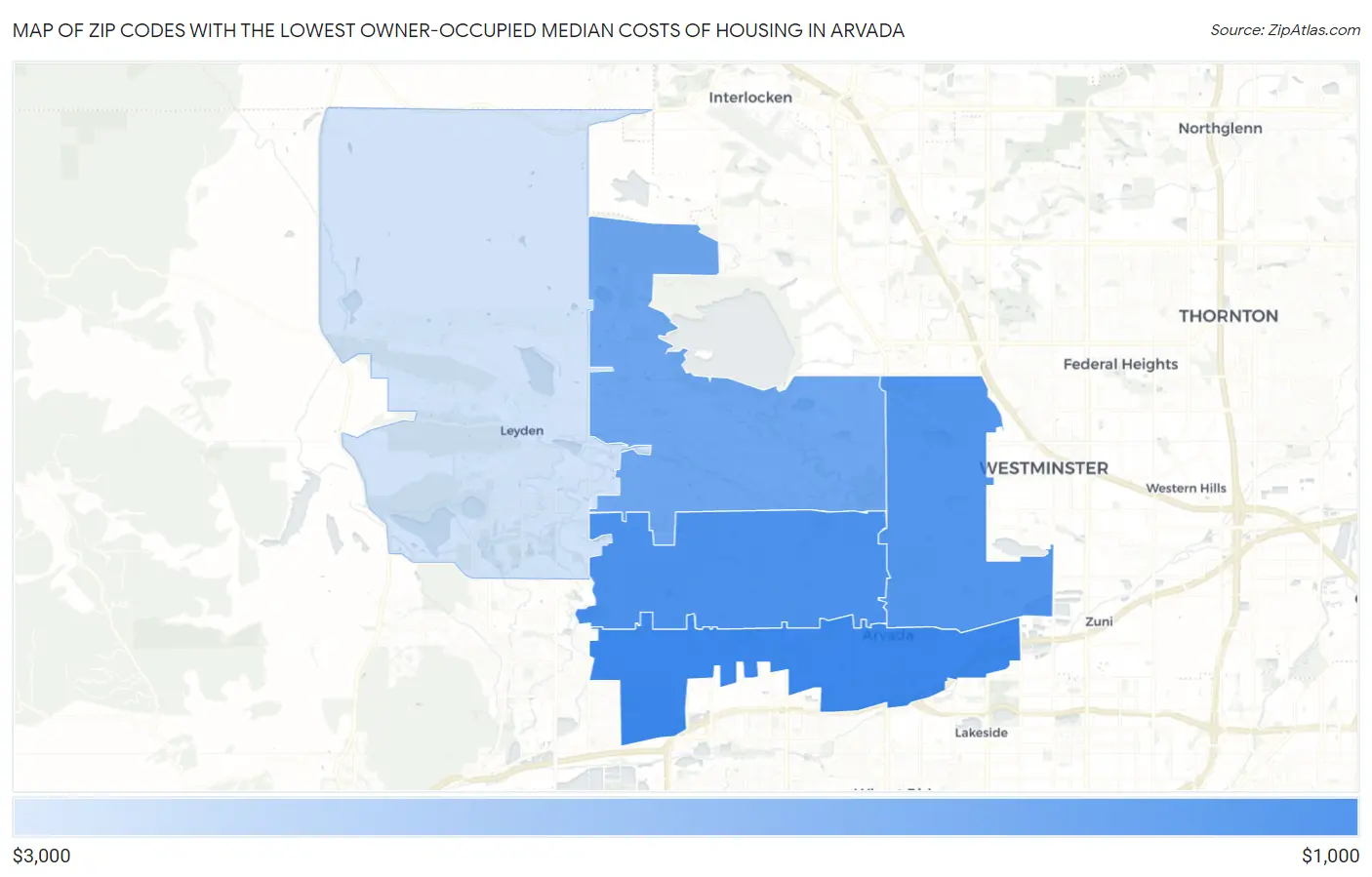 Zip Codes with the Lowest Owner-Occupied Median Costs of Housing in Arvada Map