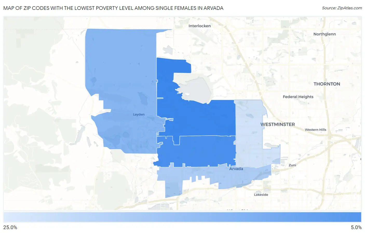 Zip Codes with the Lowest Poverty Level Among Single Females in Arvada Map