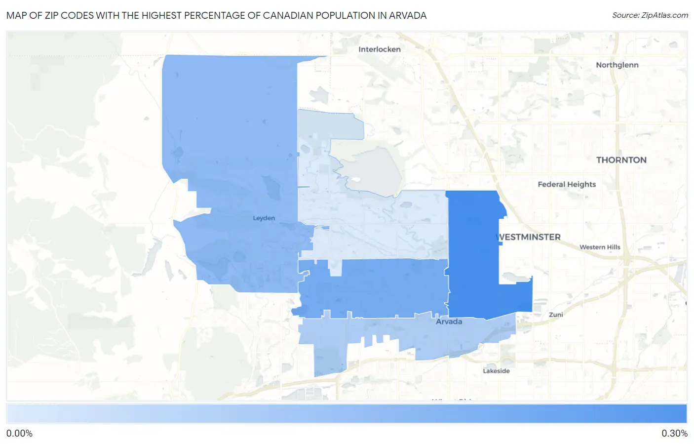 Zip Codes with the Highest Percentage of Canadian Population in Arvada Map