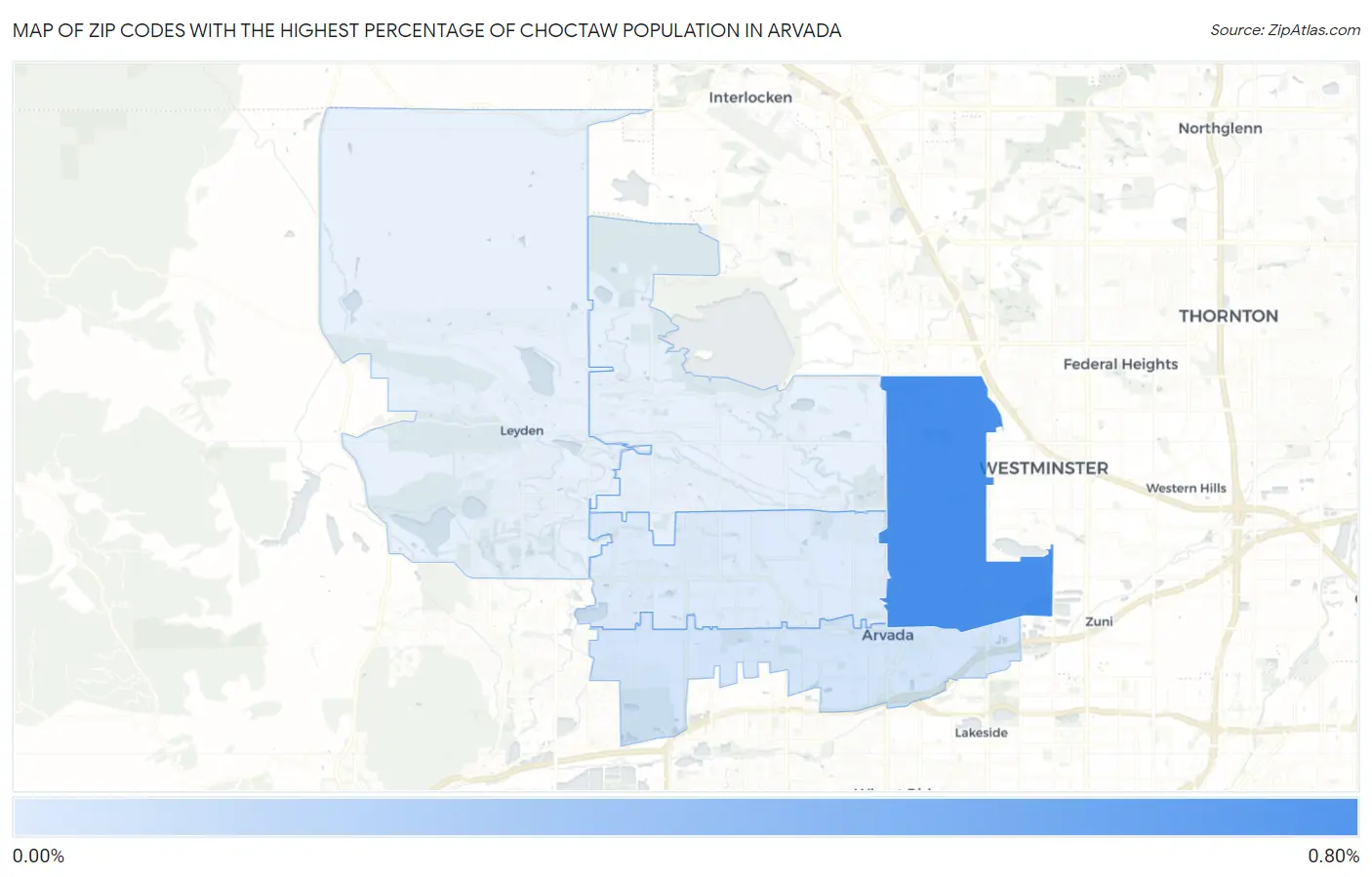 Zip Codes with the Highest Percentage of Choctaw Population in Arvada Map