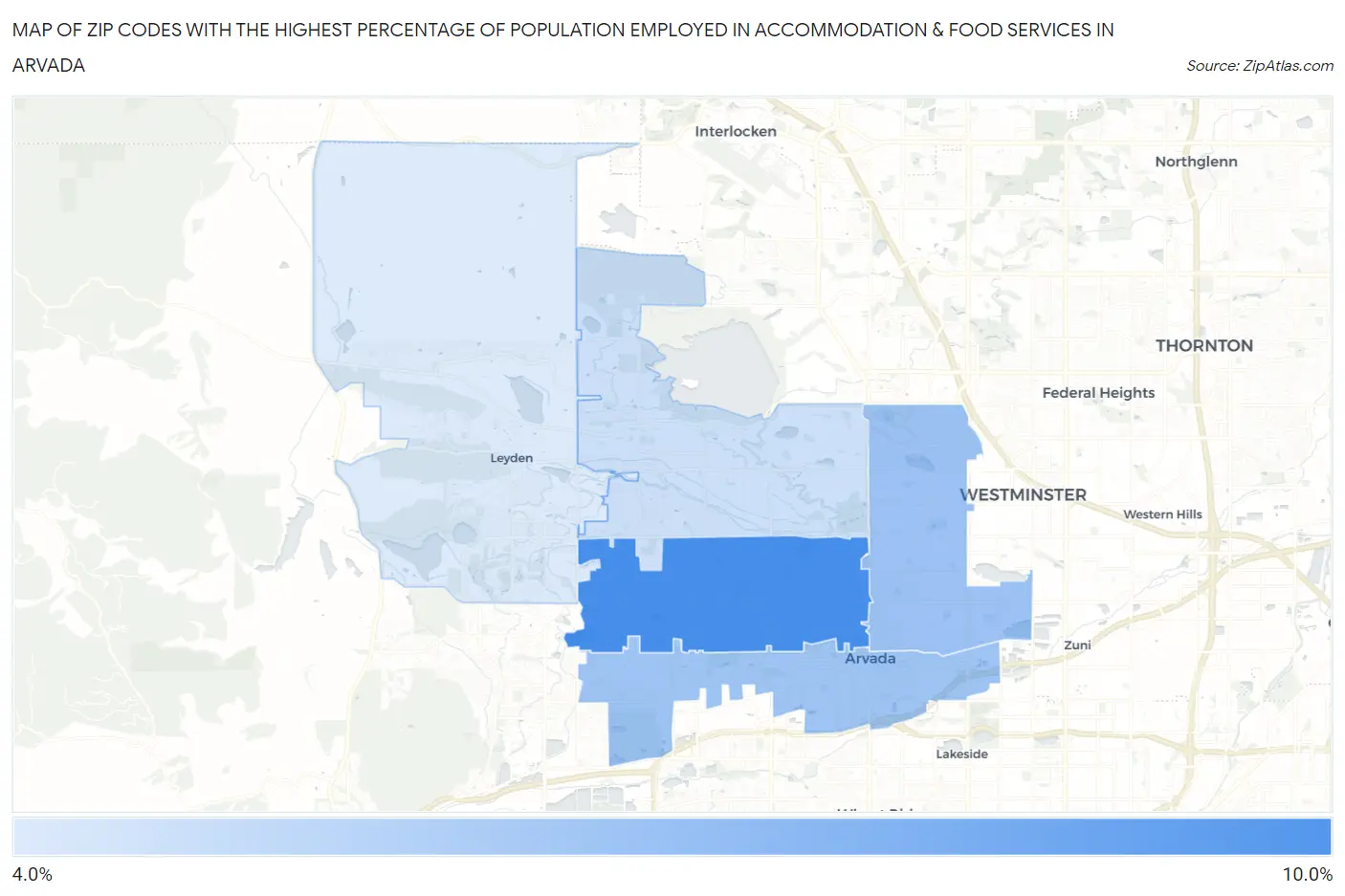 Zip Codes with the Highest Percentage of Population Employed in Accommodation & Food Services in Arvada Map