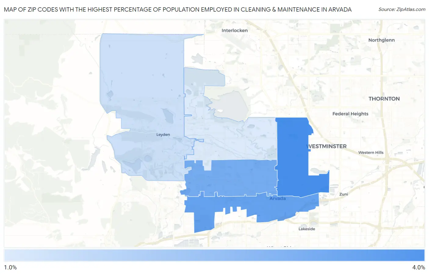 Zip Codes with the Highest Percentage of Population Employed in Cleaning & Maintenance in Arvada Map