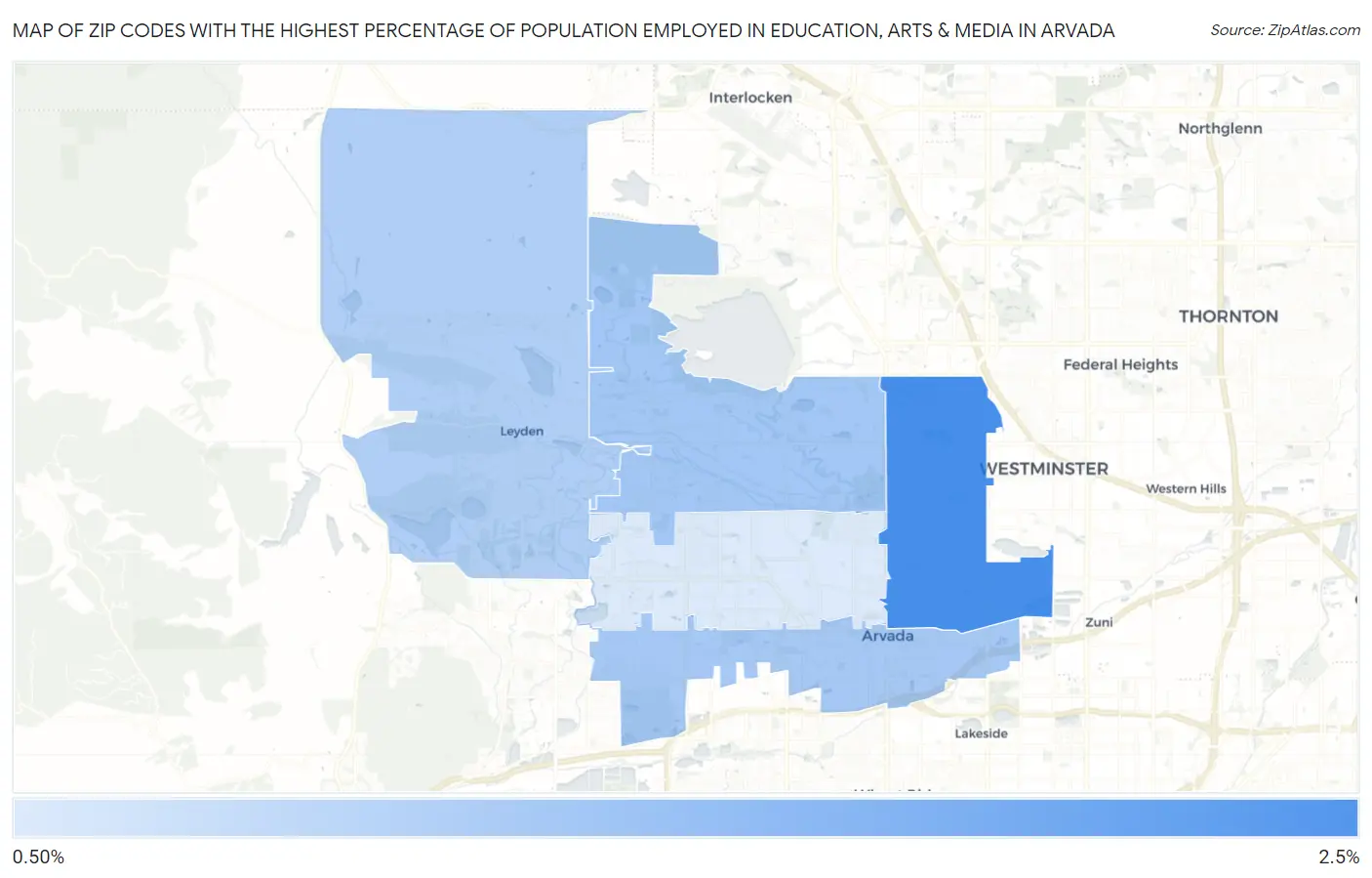 Zip Codes with the Highest Percentage of Population Employed in Education, Arts & Media in Arvada Map