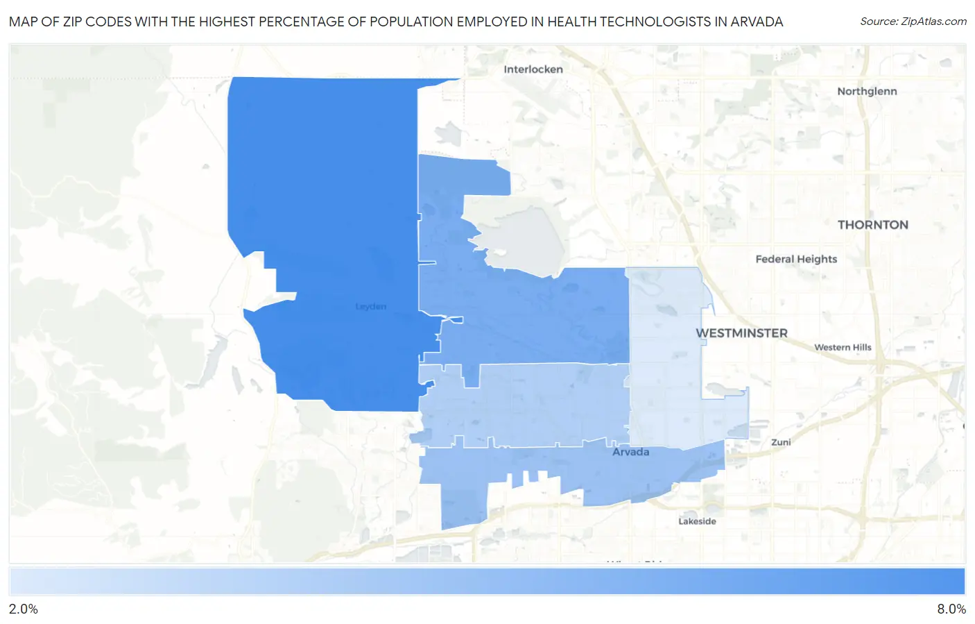 Zip Codes with the Highest Percentage of Population Employed in Health Technologists in Arvada Map