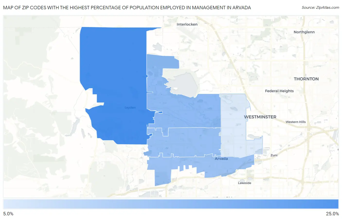 Zip Codes with the Highest Percentage of Population Employed in Management in Arvada Map