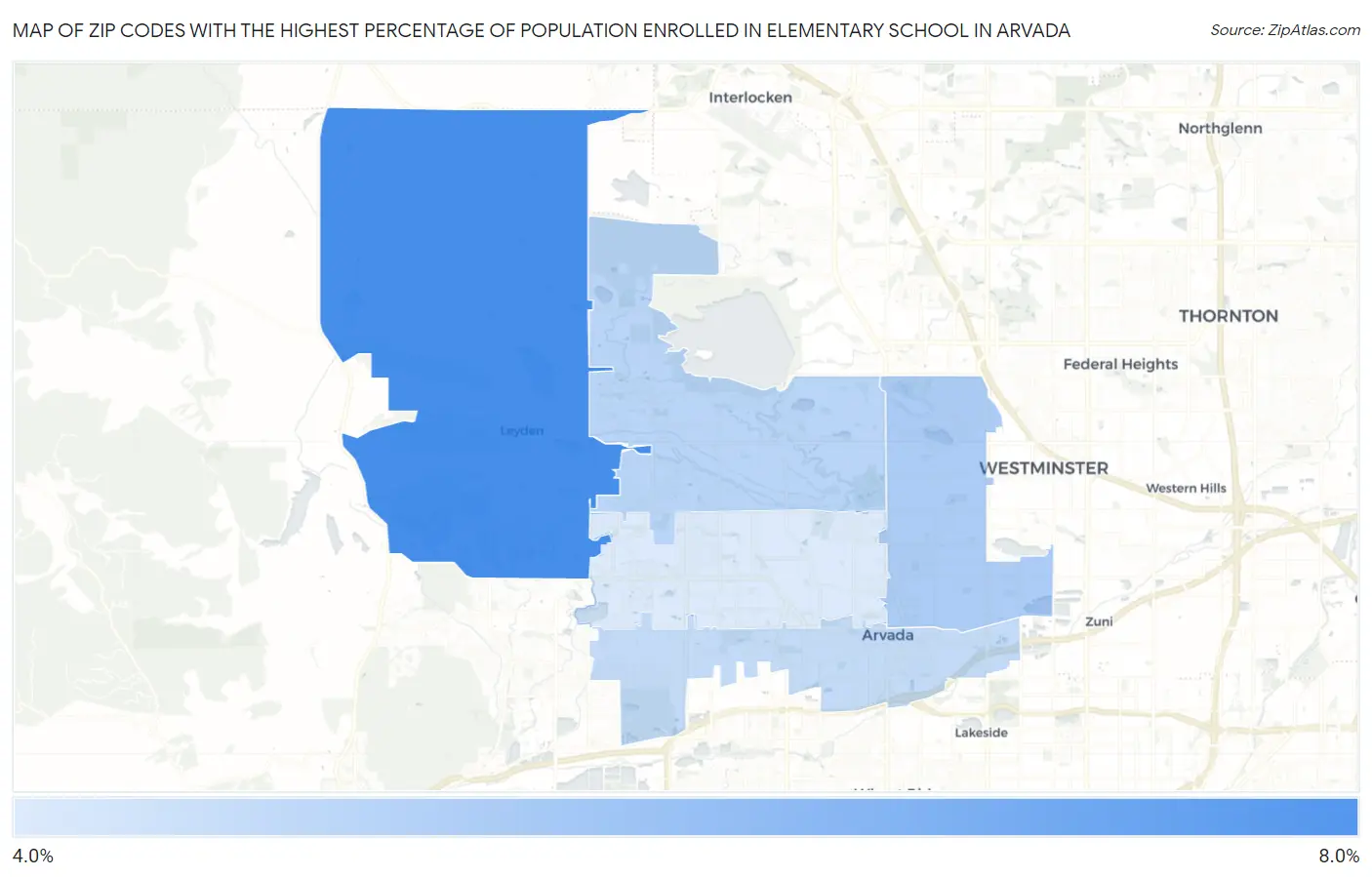 Zip Codes with the Highest Percentage of Population Enrolled in Elementary School in Arvada Map