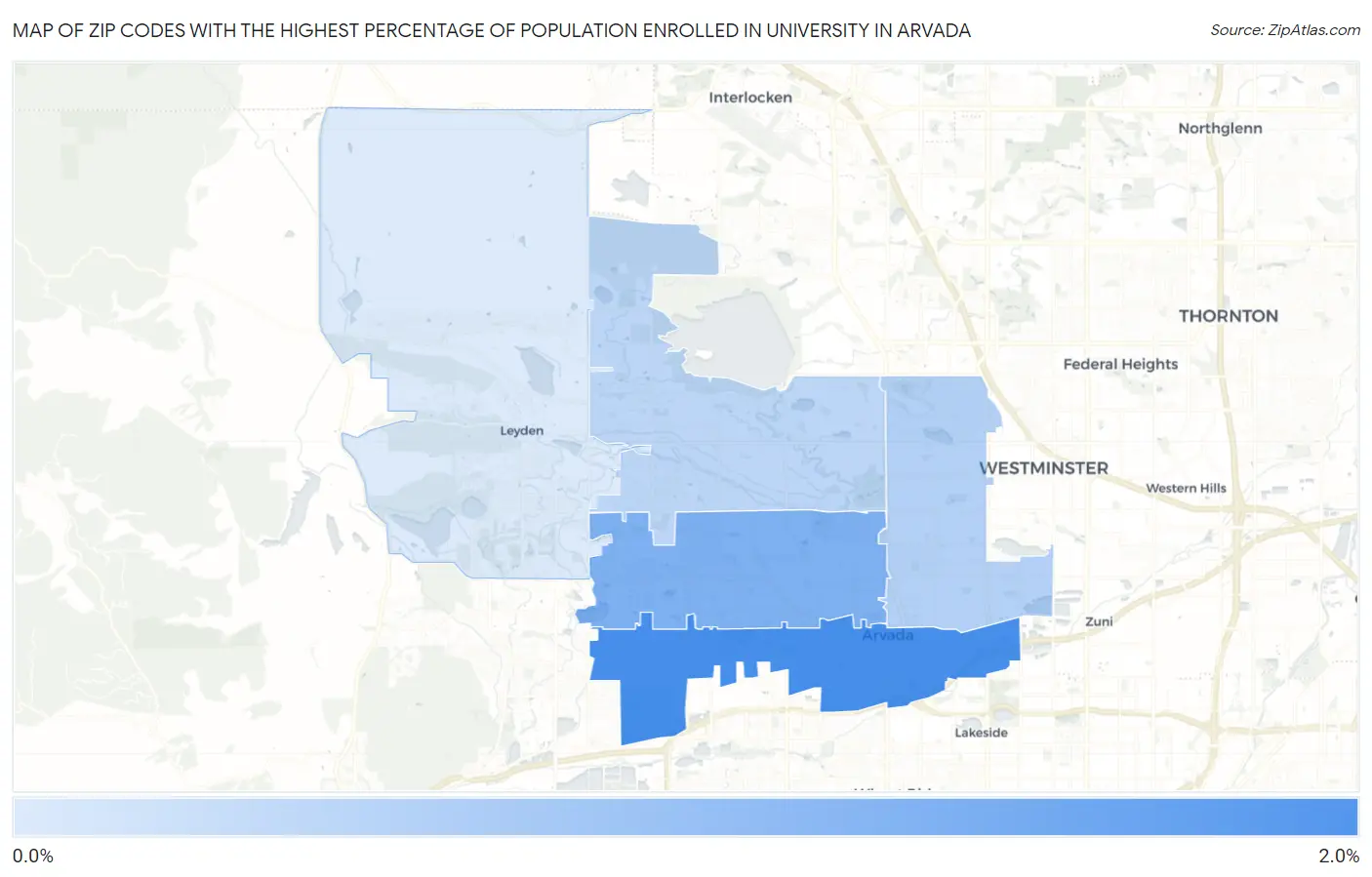 Zip Codes with the Highest Percentage of Population Enrolled in University in Arvada Map