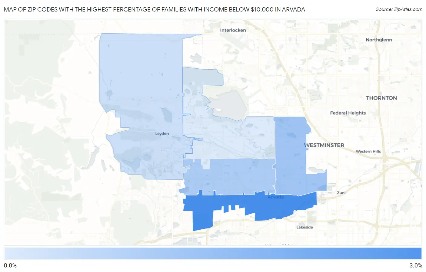 Zip Codes with the Highest Percentage of Families with Income Below $10,000 in Arvada Map