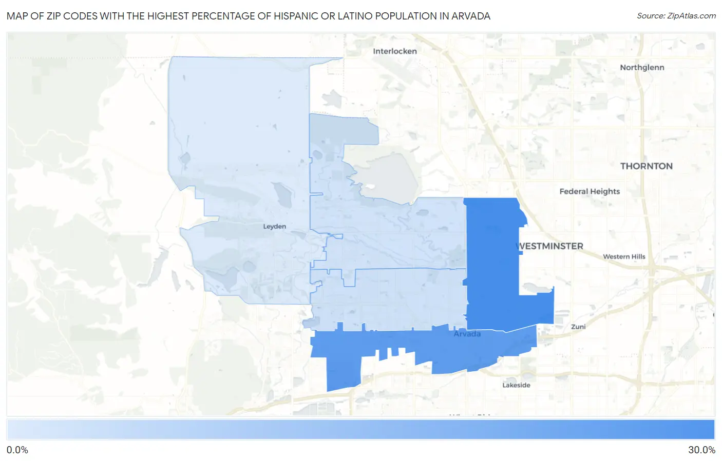 Zip Codes with the Highest Percentage of Hispanic or Latino Population in Arvada Map
