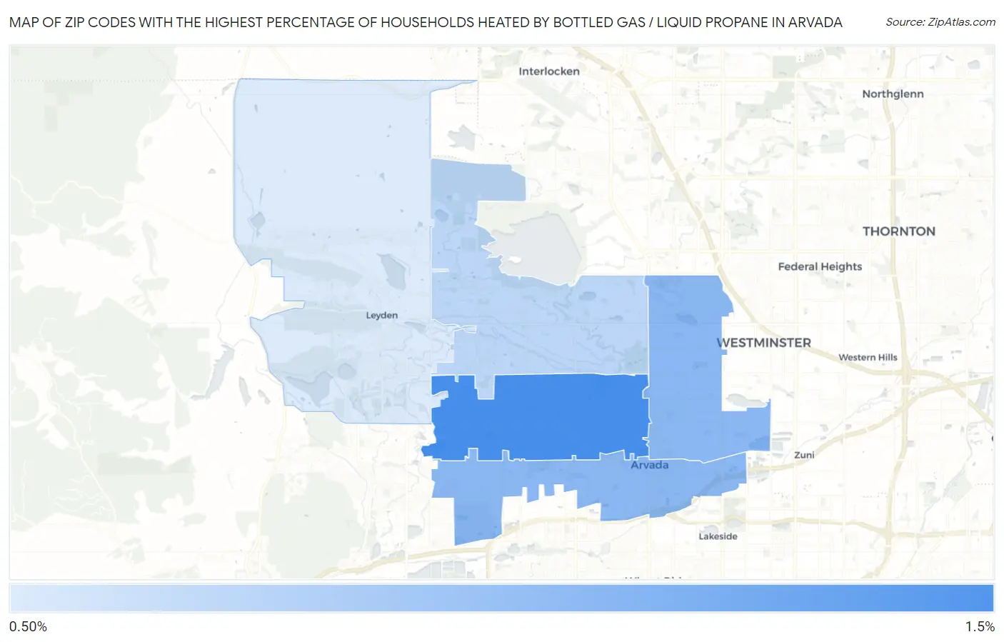 Zip Codes with the Highest Percentage of Households Heated by Bottled Gas / Liquid Propane in Arvada Map