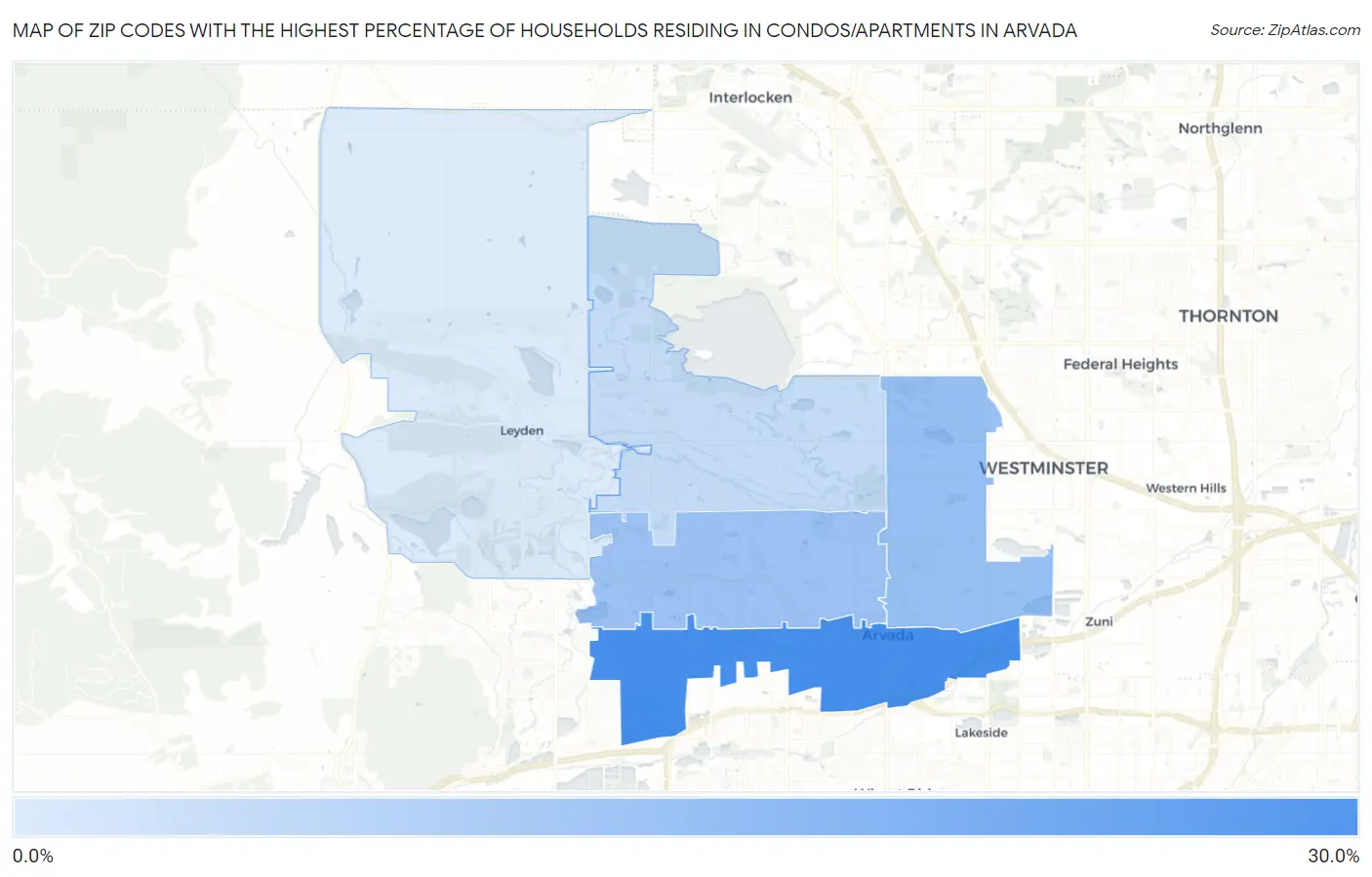 Zip Codes with the Highest Percentage of Households Residing in Condos/Apartments in Arvada Map