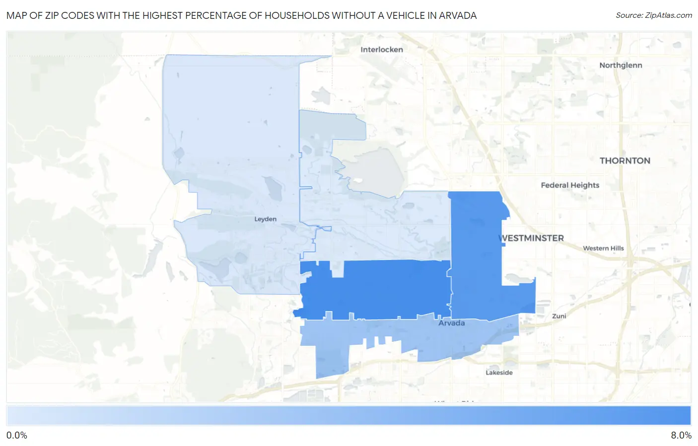 Zip Codes with the Highest Percentage of Households Without a Vehicle in Arvada Map