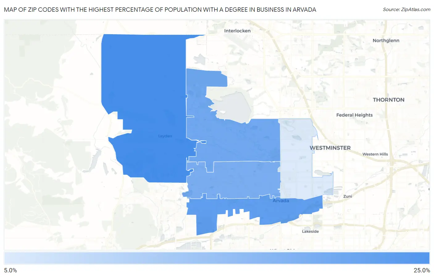 Zip Codes with the Highest Percentage of Population with a Degree in Business in Arvada Map