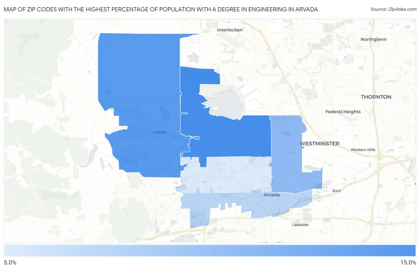 Zip Codes with the Highest Percentage of Population with a Degree in Engineering in Arvada Map